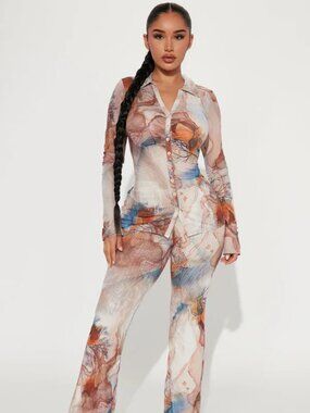 Fashion Nova Gisella Pant Set - Sand/combo Size Medium